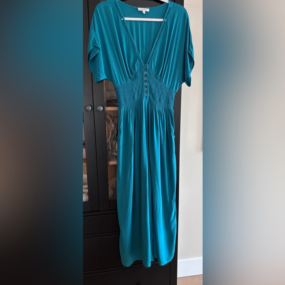 Patrons of Peace Wide Leg Jumpsuit deep V Neck Smocked Pockets Teal Green - Picture 2 of 14